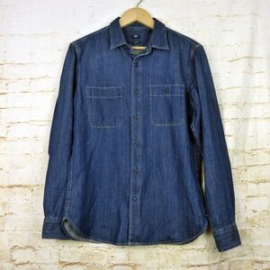 Uniqlo Shirt Men M Slim Blue Indigo Denim Work Utility Button Long Sleeve 432044